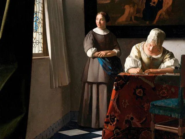 Johannes Vermeer, „Dama pisząca list w towarzystwie służącej” — reprodukcja obrazu